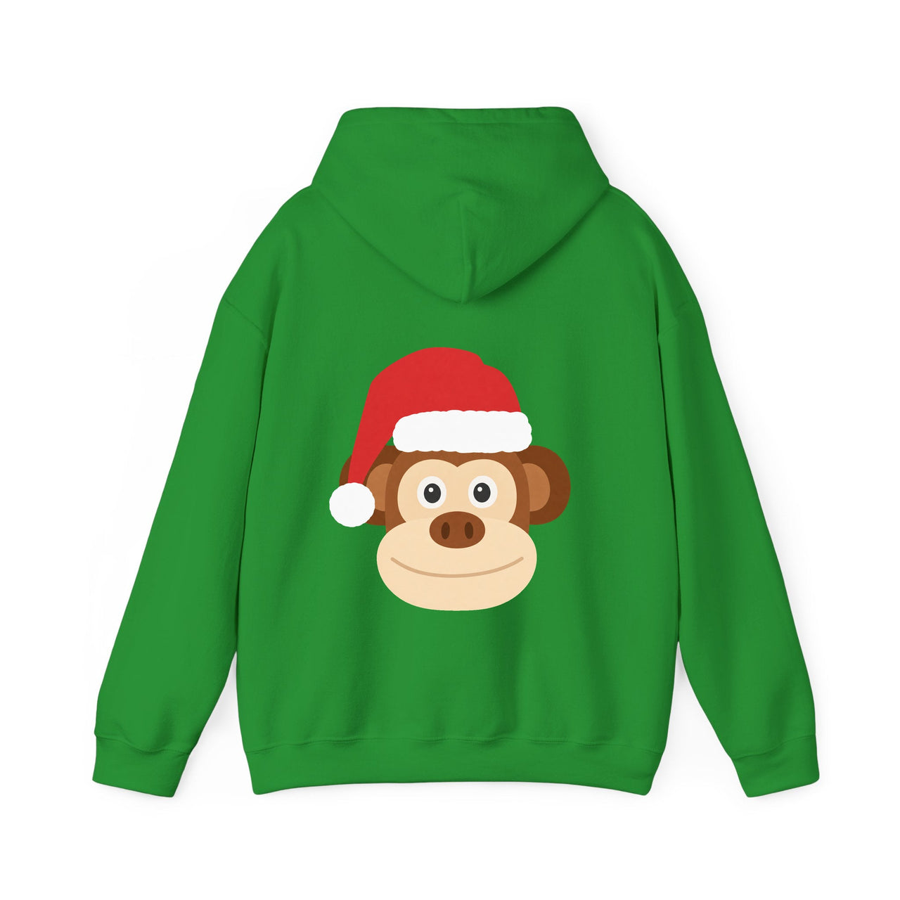 Santa monkey Christmas back print hoodie in Irish Green, back view with the Santa animal illustration.