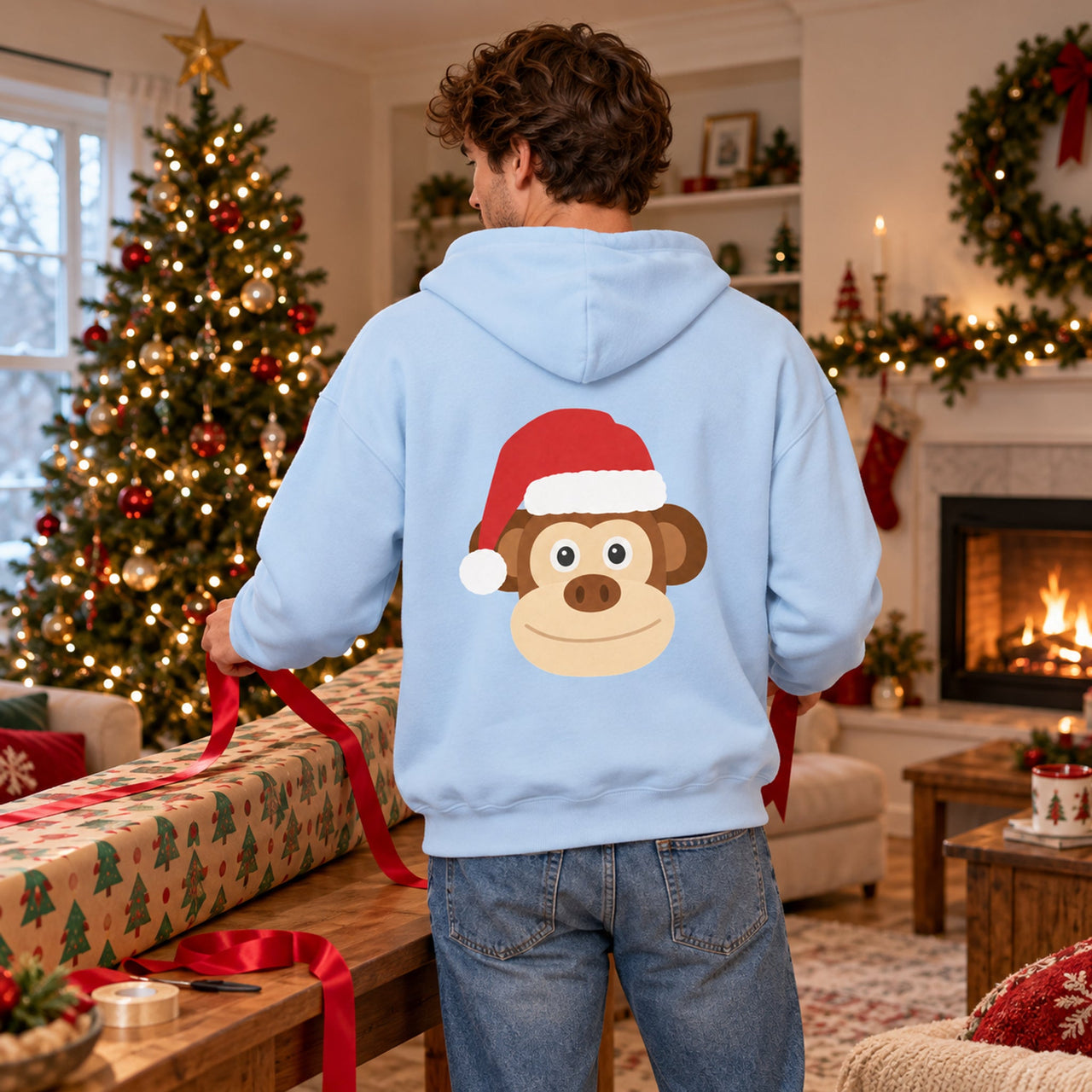 Santa Monkey Christmas Back Print Hoodie in Light Blue, worn in a Christmas home setting with the Santa monkey back print visible.