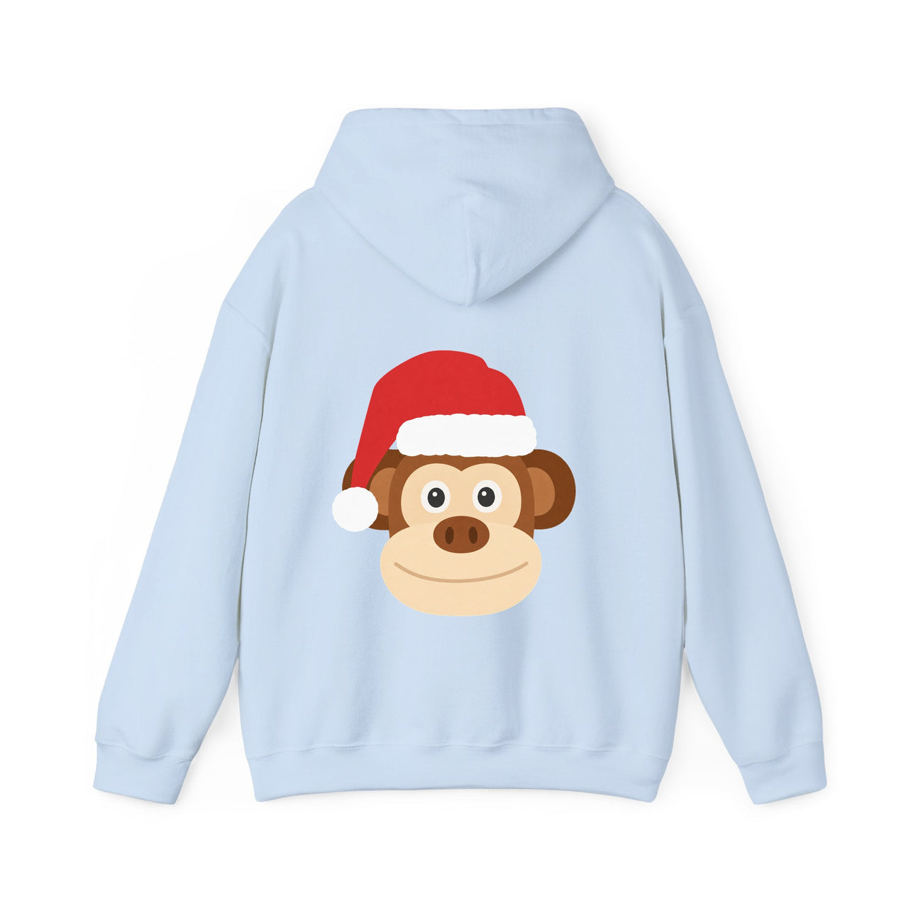 Santa monkey Christmas back print hoodie in Light Blue, back view with the Santa animal illustration.
