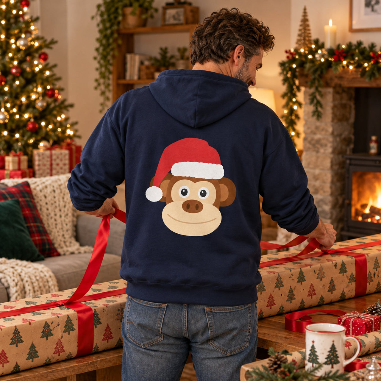 Santa Monkey Christmas Back Print Hoodie in Navy, worn in a Christmas home setting with the Santa monkey back print visible.