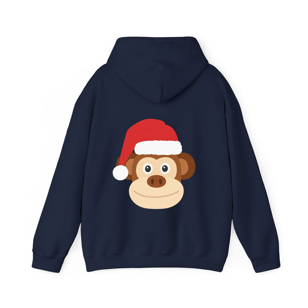 Santa monkey Christmas back print hoodie in Navy, back view with the Santa animal illustration.