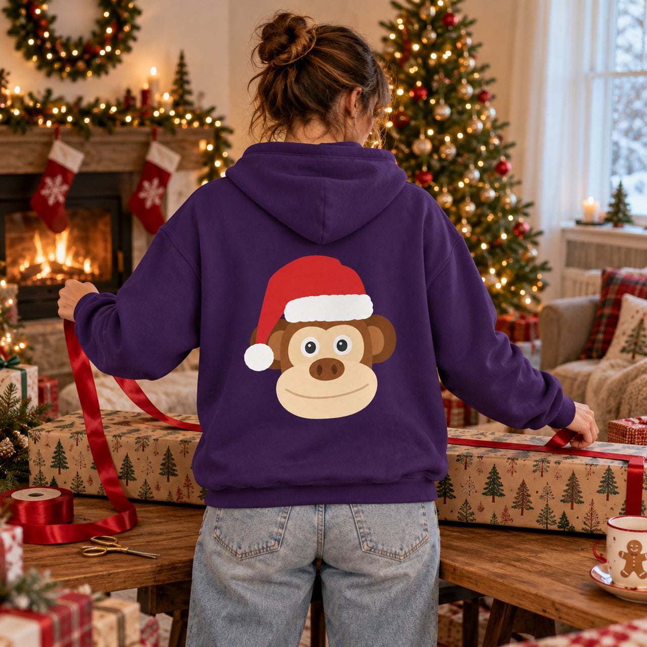 Santa Monkey Christmas Back Print Hoodie in Purple, worn in a Christmas home setting with the Santa monkey back print visible.