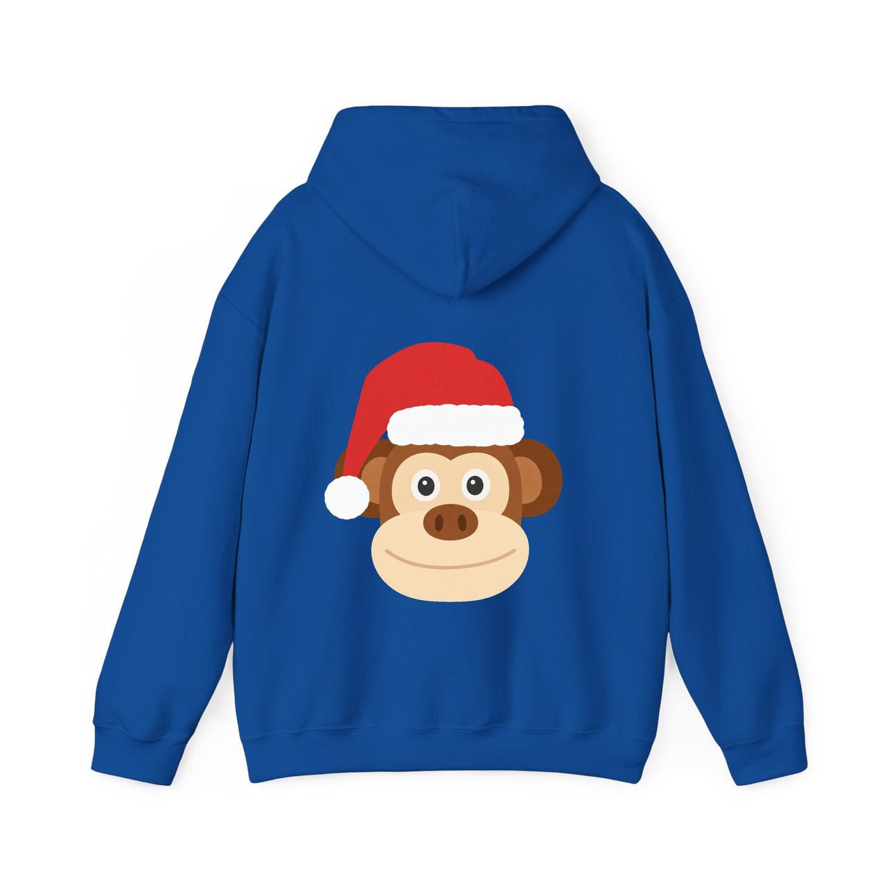 Santa monkey Christmas back print hoodie in Royal, back view with the Santa animal illustration.