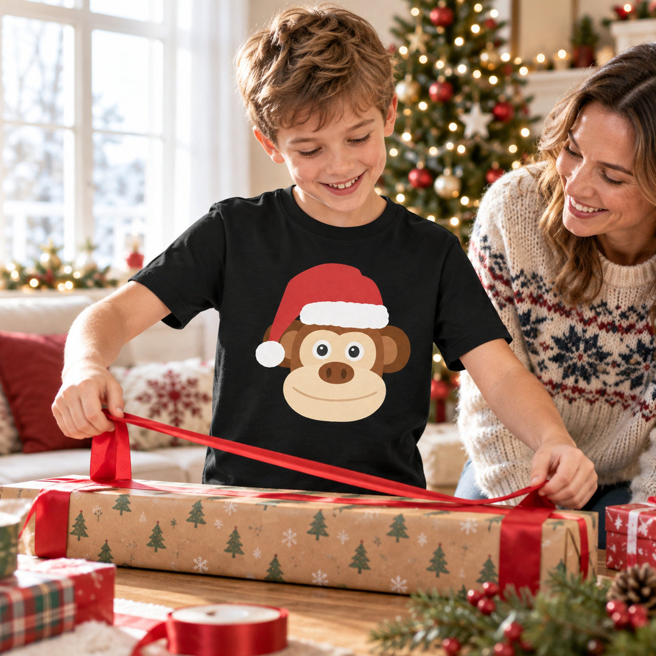 Santa Monkey Christmas Kids T-Shirt in Black, worn in a Christmas home setting with the Santa monkey front print visible.