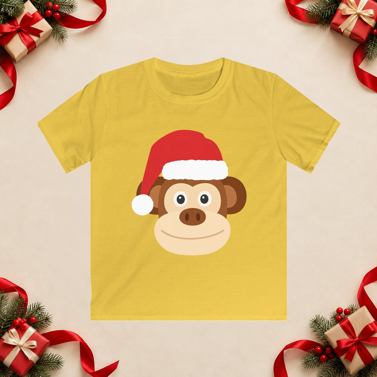 Santa monkey Christmas kids t shirt in Daisy, front view with the Santa animal illustration on a Christmas flat-lay background.