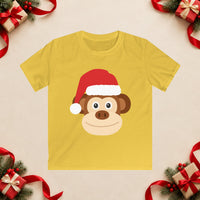 Thumbnail for Santa monkey Christmas kids t shirt in Daisy, front view with the Santa animal illustration on a Christmas flat-lay background.