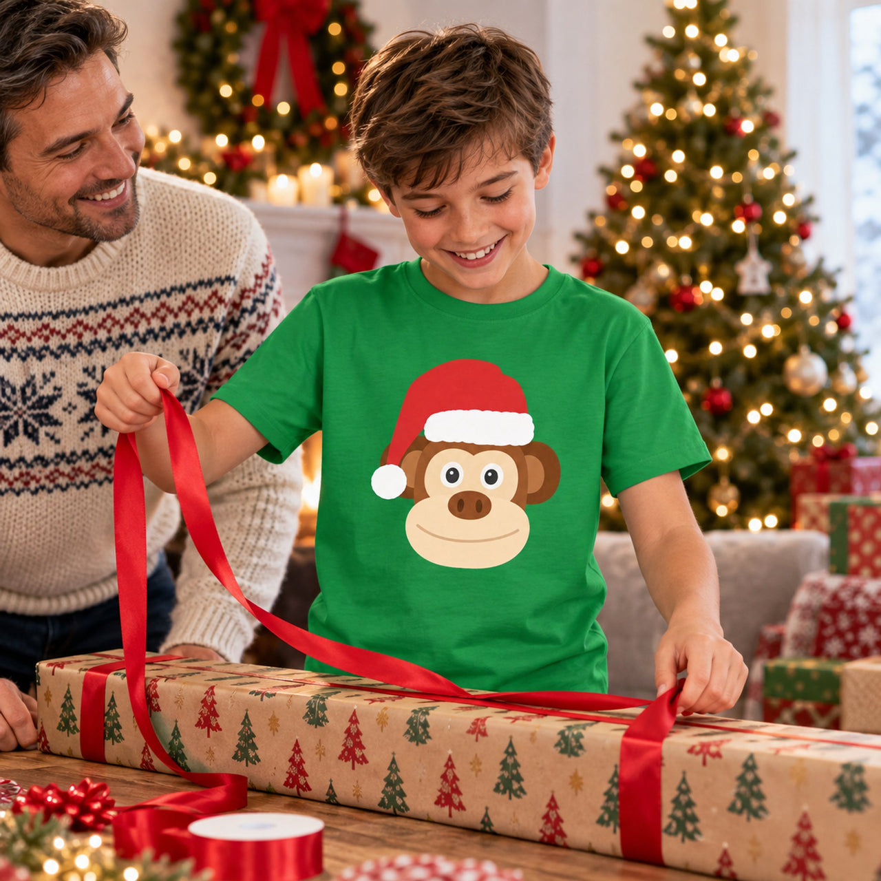 Santa Monkey Christmas Kids T-Shirt in Irish Green, worn in a Christmas home setting with the Santa monkey front print visible.