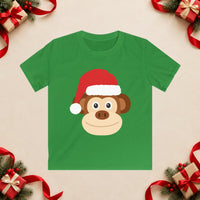 Thumbnail for Santa monkey Christmas kids t shirt in Irish Green, front view with the Santa animal illustration on a Christmas flat-lay background.