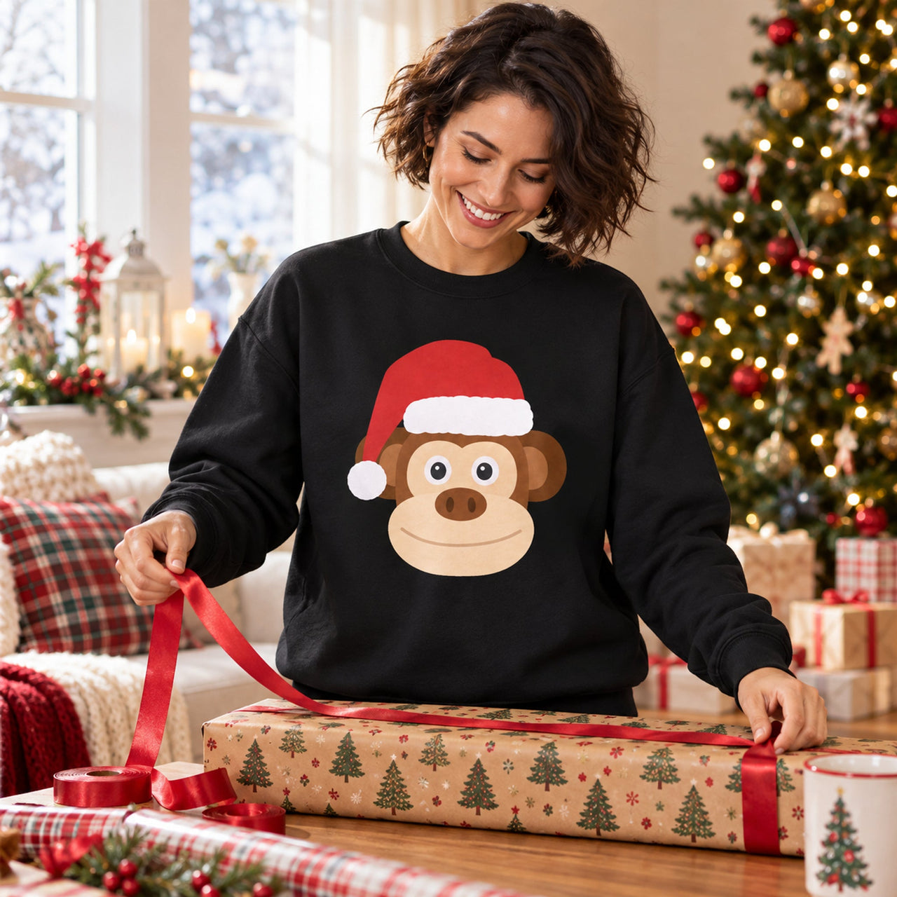 Santa Monkey Christmas Sweatshirt in Black, worn in a Christmas home setting with the Santa monkey front print visible.