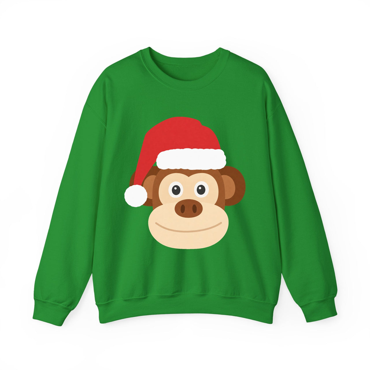 Santa monkey Christmas sweatshirt in Irish Green, front view with the Santa animal illustration.