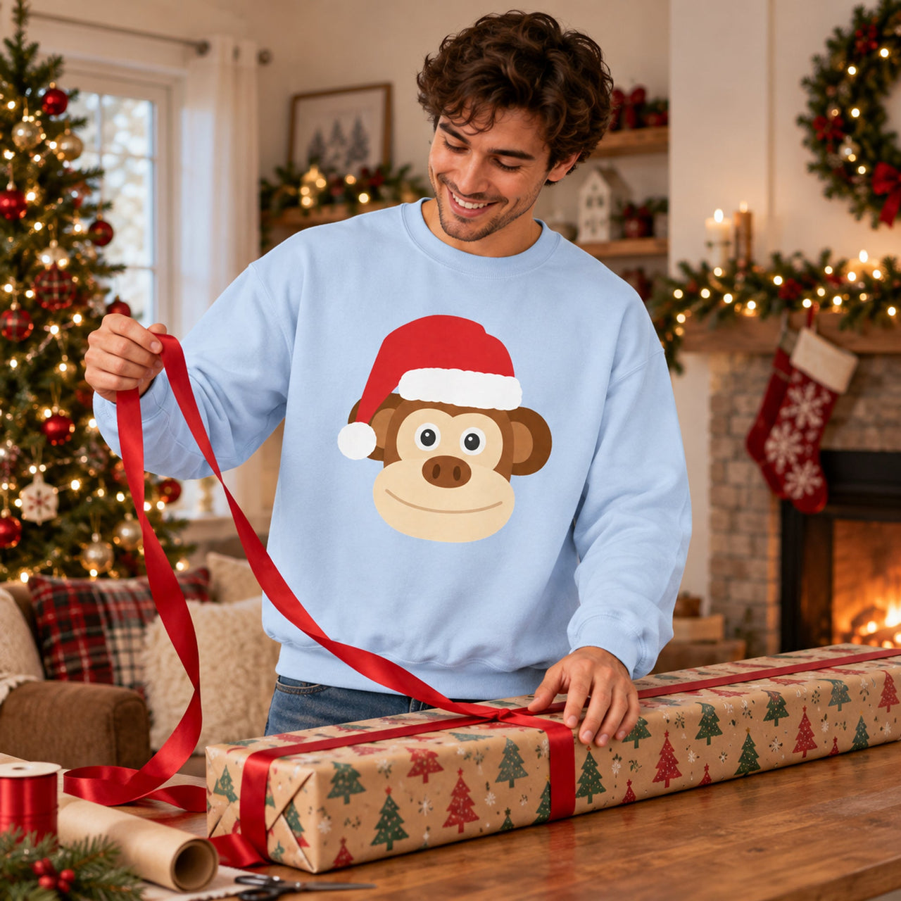 Santa Monkey Christmas Sweatshirt in Light Blue, worn in a Christmas home setting with the Santa monkey front print visible.
