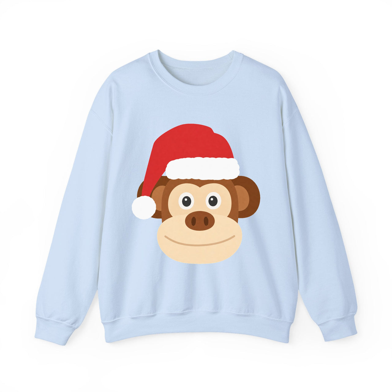 Santa monkey Christmas sweatshirt in Light Blue, front view with the Santa animal illustration.