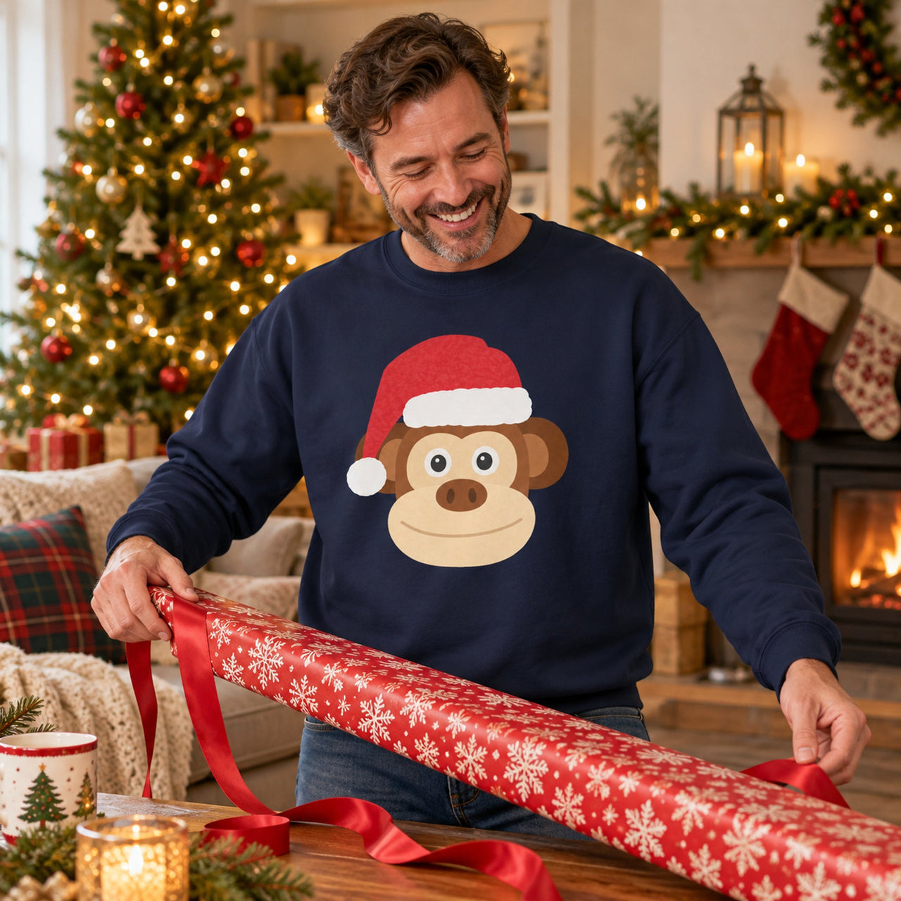 Santa Monkey Christmas Sweatshirt in Navy, worn in a Christmas home setting with the Santa monkey front print visible.