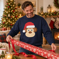 Thumbnail for Santa Monkey Christmas Sweatshirt in Navy, worn in a Christmas home setting with the Santa monkey front print visible.