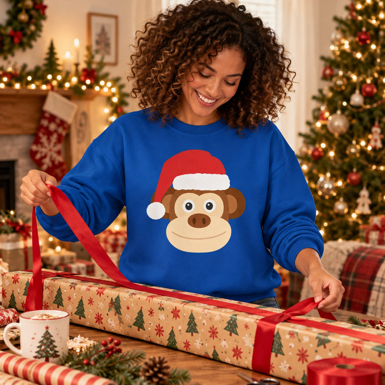 Santa Monkey Christmas Sweatshirt in Royal, worn in a Christmas home setting with the Santa monkey front print visible.