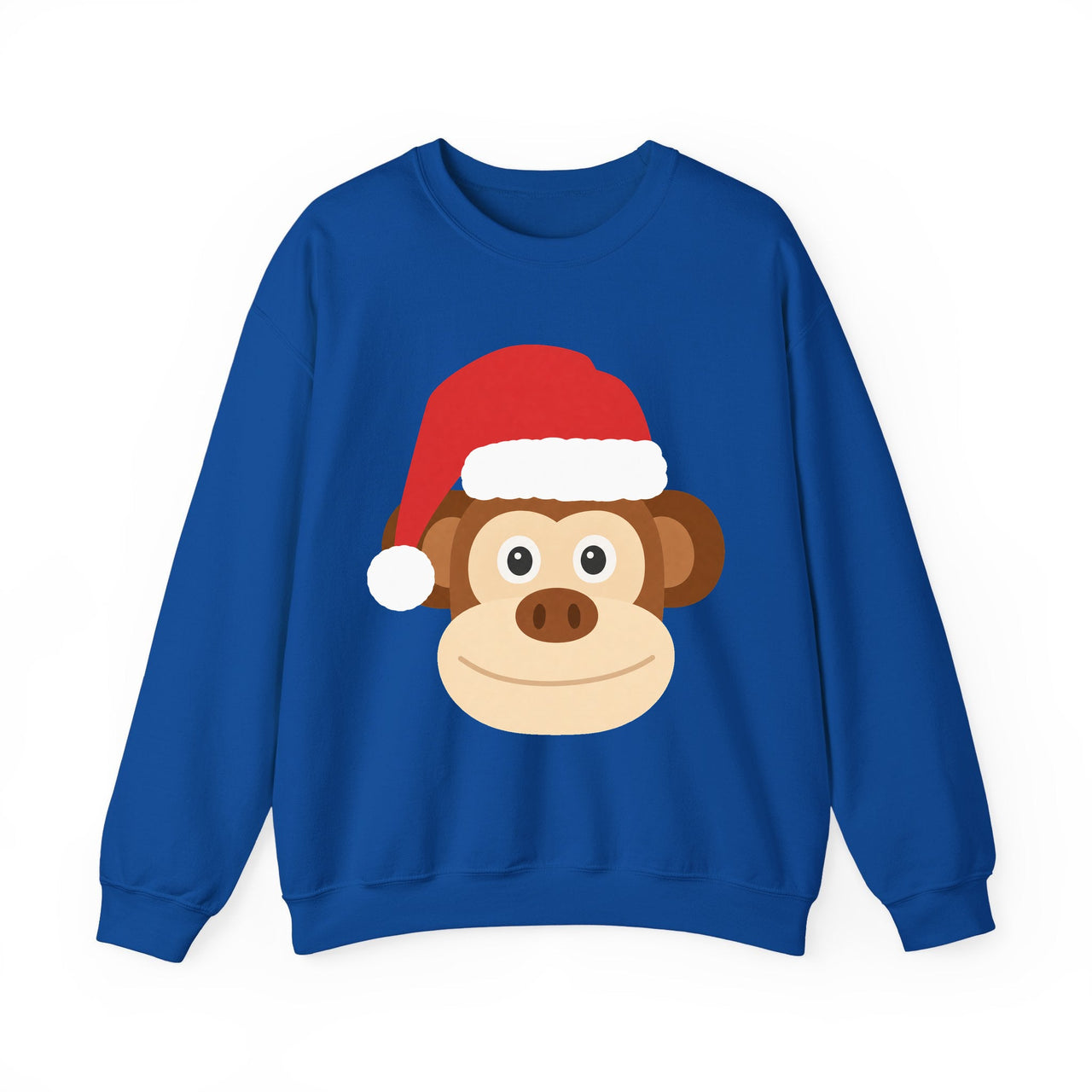 Santa monkey Christmas sweatshirt in Royal, front view with the Santa animal illustration.