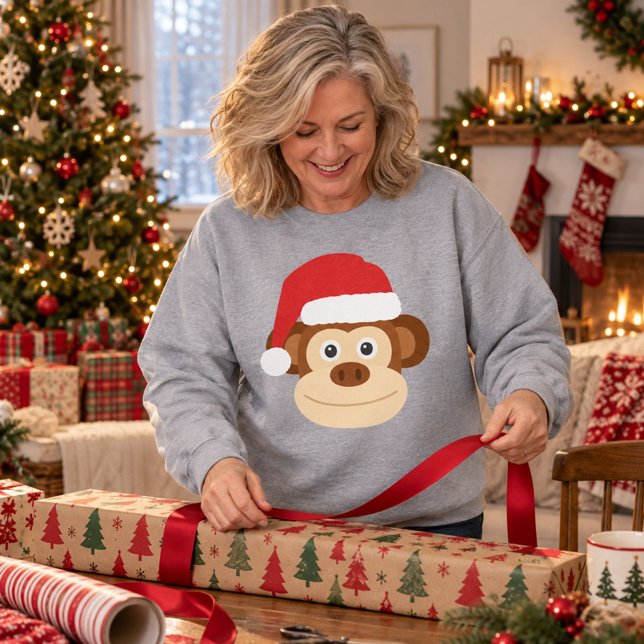 Santa Monkey Christmas Sweatshirt in Sport Grey, worn in a Christmas home setting with the Santa monkey front print visible.