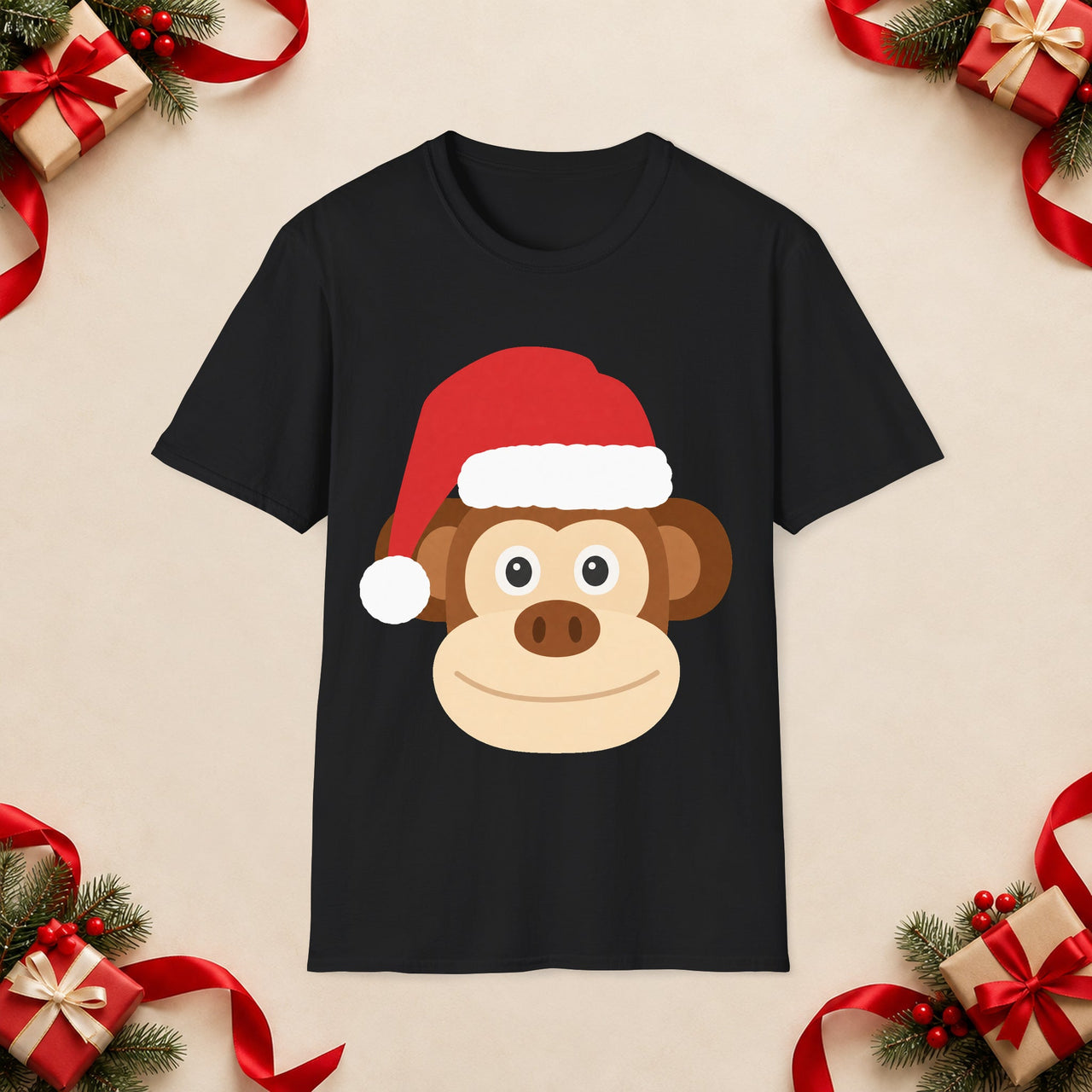 Santa monkey Christmas unisex t shirt in Black, front view with the Santa animal illustration on a Christmas flat-lay background.