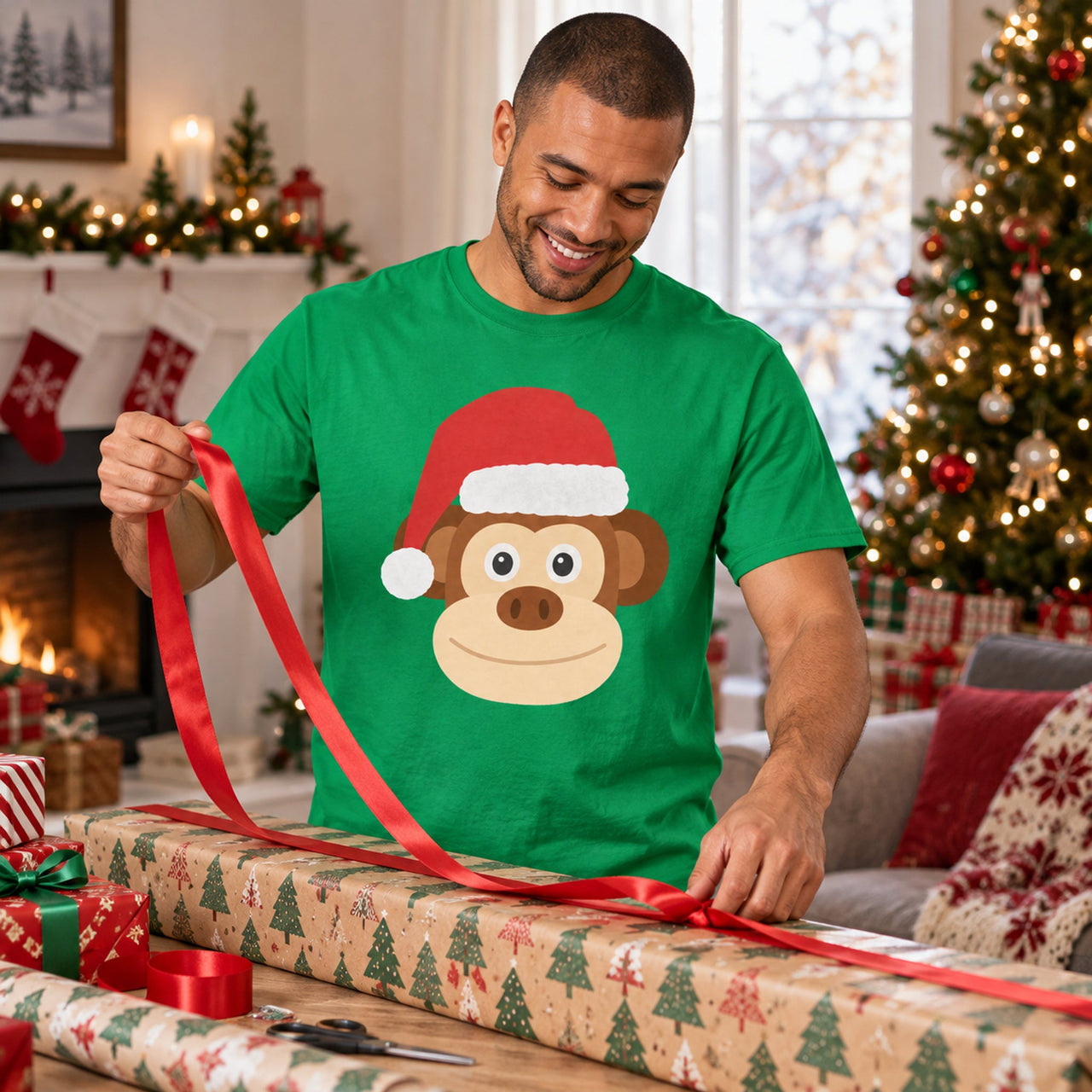 Santa Monkey Christmas Unisex T-Shirt in Irish Green, worn in a Christmas home setting with the Santa monkey front print visible.