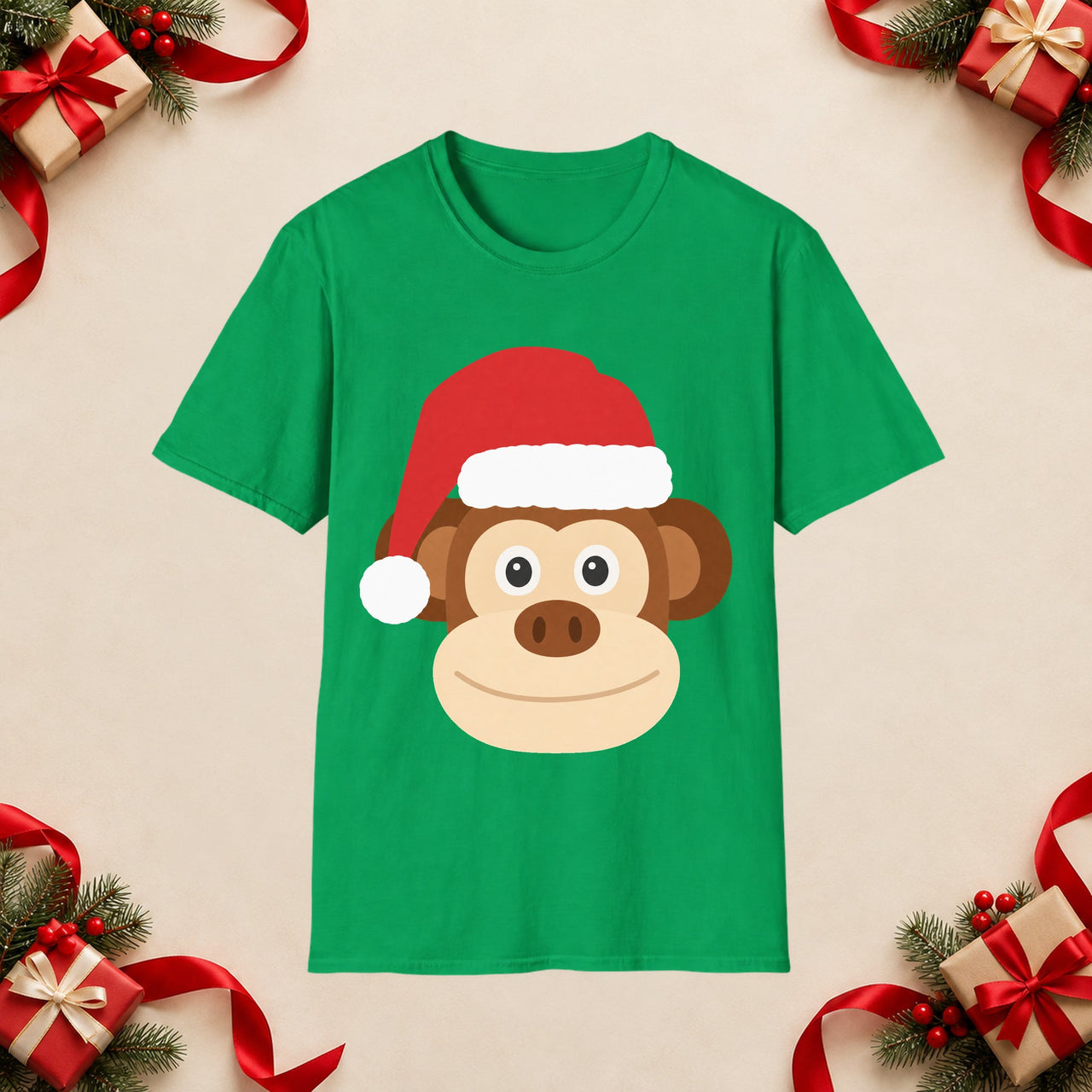 Santa monkey Christmas unisex t shirt in Irish Green, front view with the Santa animal illustration on a Christmas flat-lay background.