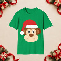 Thumbnail for Santa monkey Christmas unisex t shirt in Irish Green, front view with the Santa animal illustration on a Christmas flat-lay background.