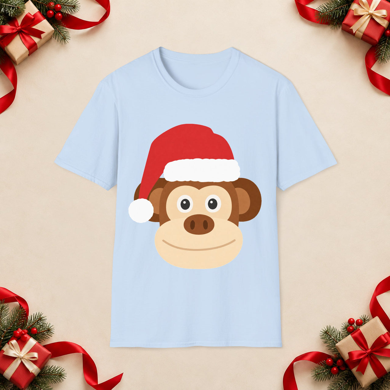 Santa monkey Christmas unisex t shirt in Light Blue, front view with the Santa animal illustration on a Christmas flat-lay background.