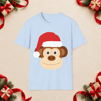 Thumbnail for Santa monkey Christmas unisex t shirt in Light Blue, front view with the Santa animal illustration on a Christmas flat-lay background.