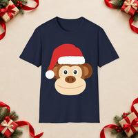 Thumbnail for Santa monkey Christmas unisex t shirt in Navy, front view with the Santa animal illustration on a Christmas flat-lay background.