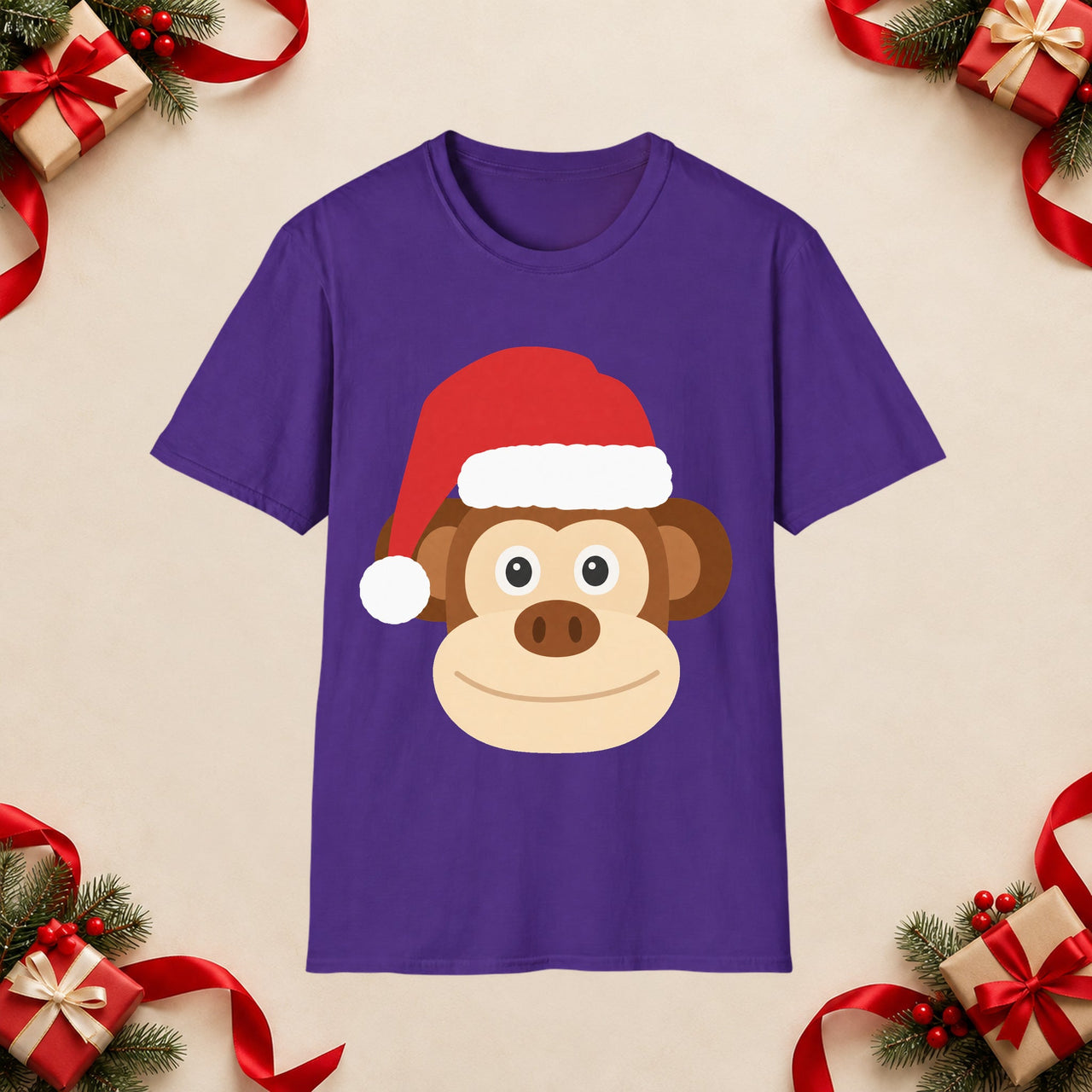 Santa monkey Christmas unisex t shirt in Purple, front view with the Santa animal illustration on a Christmas flat-lay background.