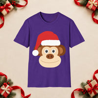 Thumbnail for Santa monkey Christmas unisex t shirt in Purple, front view with the Santa animal illustration on a Christmas flat-lay background.
