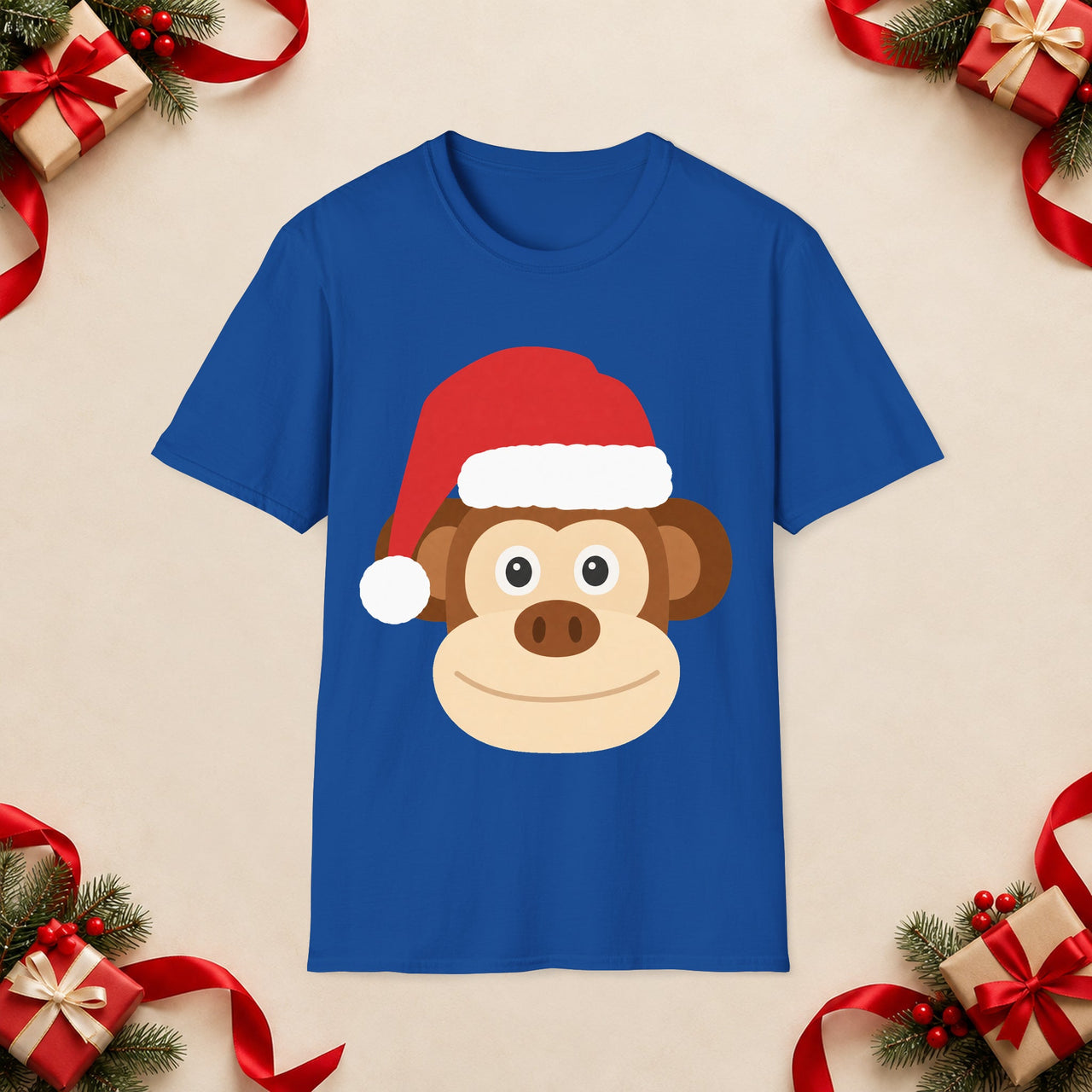 Santa monkey Christmas unisex t shirt in Royal, front view with the Santa animal illustration on a Christmas flat-lay background.