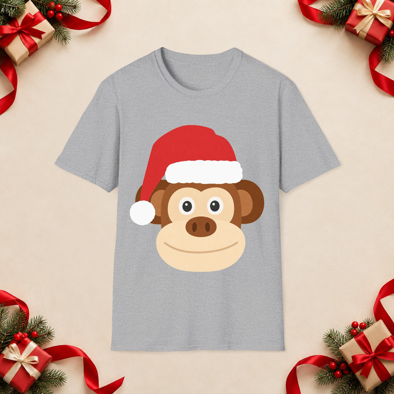 Santa monkey Christmas unisex t shirt in Sport Grey, front view with the Santa animal illustration on a Christmas flat-lay background.
