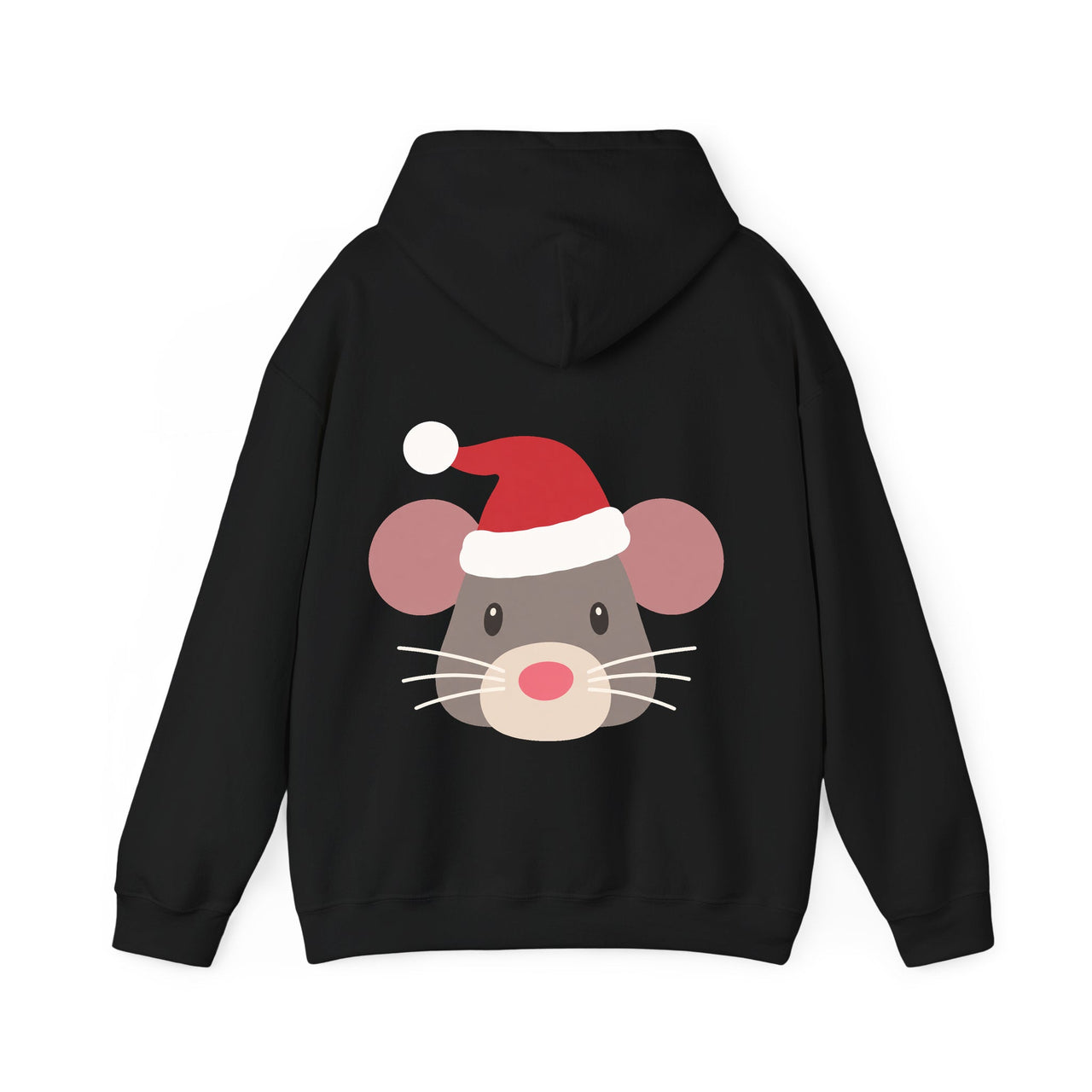 Santa mouse Christmas back print hoodie in Black, back view with the Santa animal illustration.
