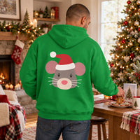 Thumbnail for Santa Mouse Christmas Back Print Hoodie in Irish Green, worn in a Christmas home setting with the Santa mouse back print visible.