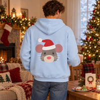 Thumbnail for Santa Mouse Christmas Back Print Hoodie in Light Blue, worn in a Christmas home setting with the Santa mouse back print visible.