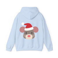 Thumbnail for Santa mouse Christmas back print hoodie in Light Blue, back view with the Santa animal illustration.
