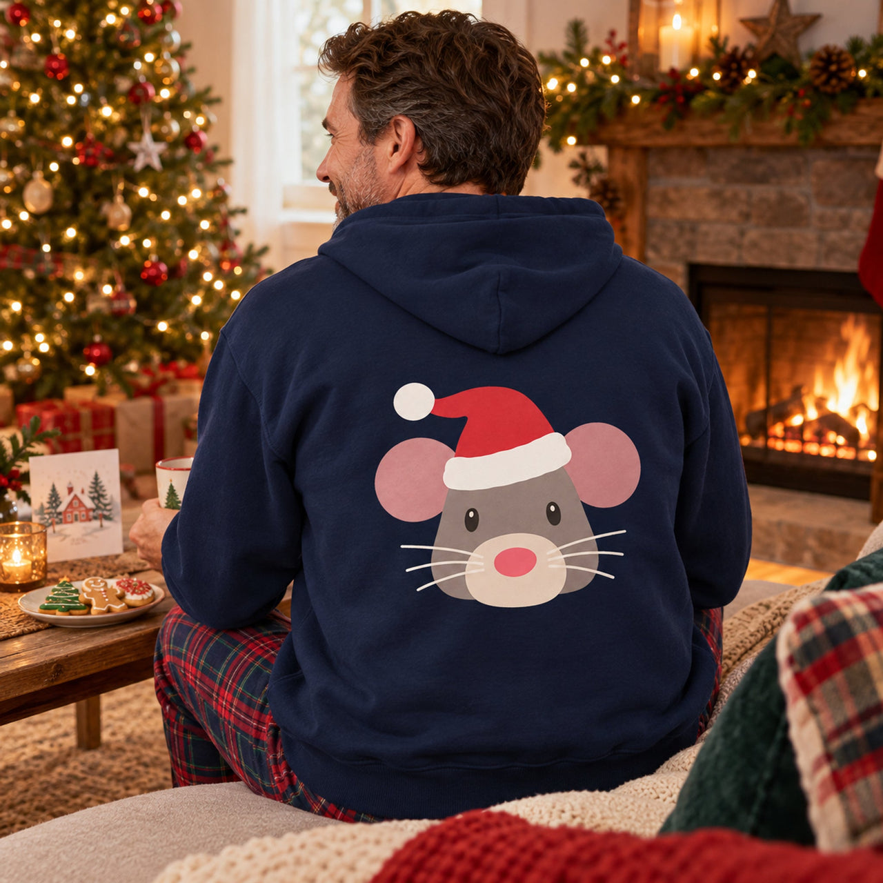 Santa Mouse Christmas Back Print Hoodie in Navy, worn in a Christmas home setting with the Santa mouse back print visible.