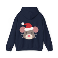 Thumbnail for Santa mouse Christmas back print hoodie in Navy, back view with the Santa animal illustration.