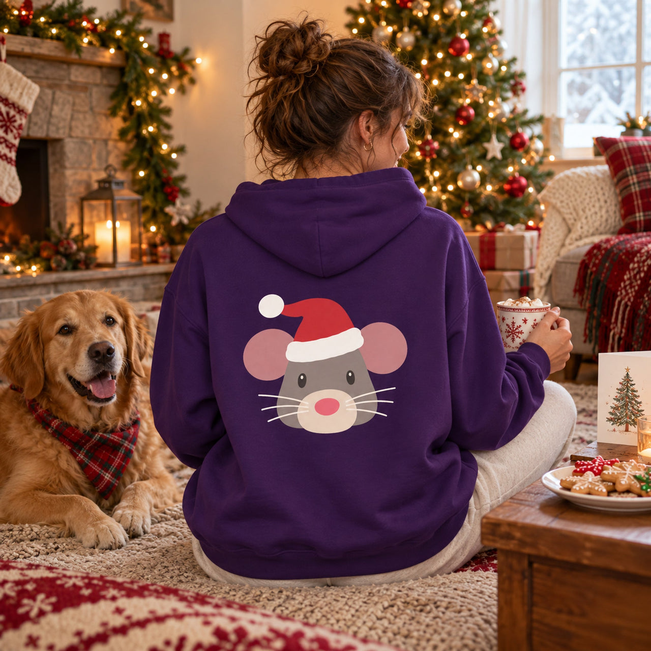 Santa Mouse Christmas Back Print Hoodie in Purple, worn in a Christmas home setting with the Santa mouse back print visible.