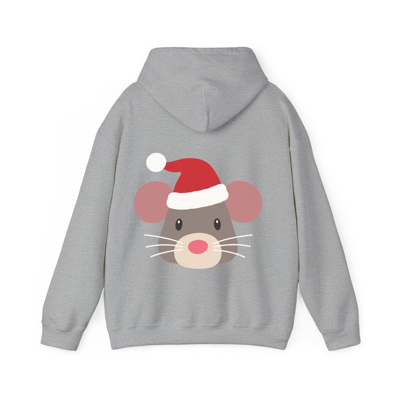 Santa mouse Christmas back print hoodie in Sport Grey, back view with the Santa animal illustration.