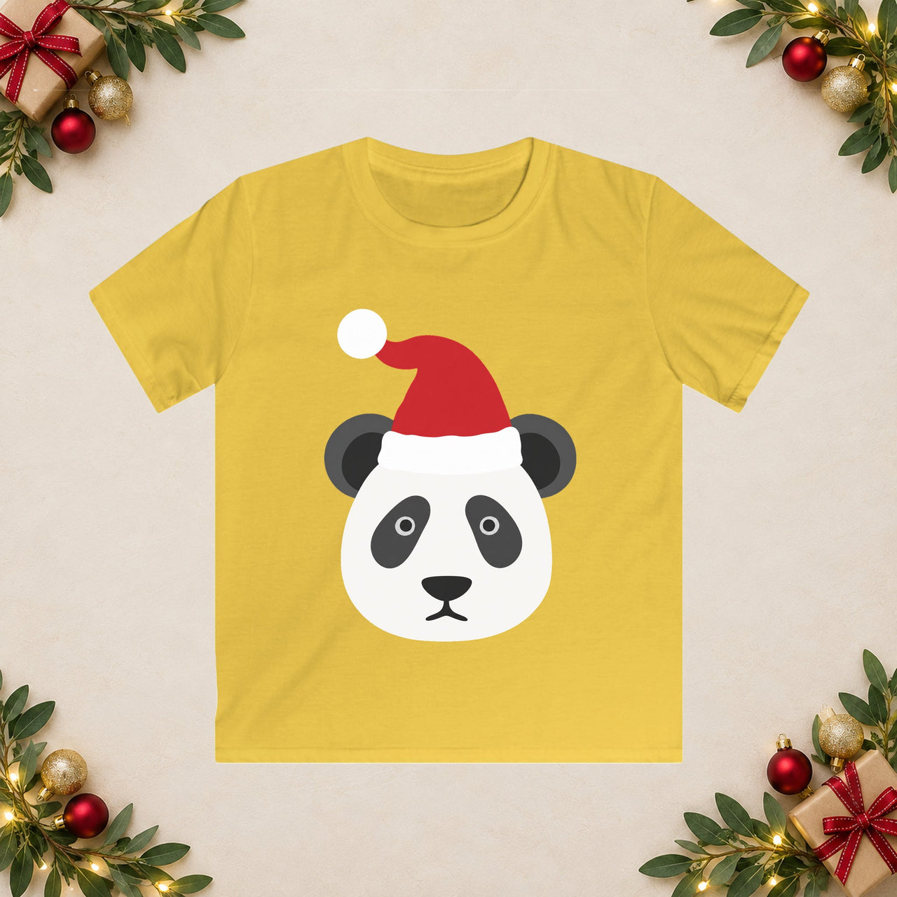 Santa panda Christmas kids t shirt in Daisy, front view with the Santa animal illustration on a Christmas flat-lay background.