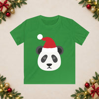 Thumbnail for Santa panda Christmas kids t shirt in Irish Green, front view with the Santa animal illustration on a Christmas flat-lay background.