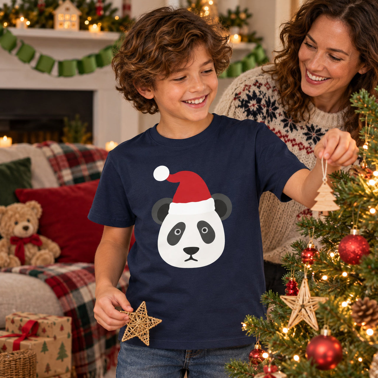 Santa Panda Christmas kids t shirt in Navy, worn in a festive home setting with the Santa panda front print visible.