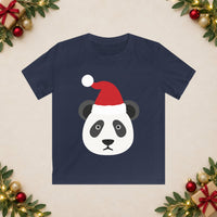 Thumbnail for Santa panda Christmas kids t shirt in Navy, front view with the Santa animal illustration on a Christmas flat-lay background.