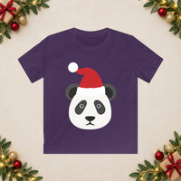 Thumbnail for Santa panda Christmas kids t shirt in Purple, front view with the Santa animal illustration on a Christmas flat-lay background.