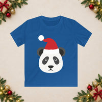 Thumbnail for Santa panda Christmas kids t shirt in Royal, front view with the Santa animal illustration on a Christmas flat-lay background.