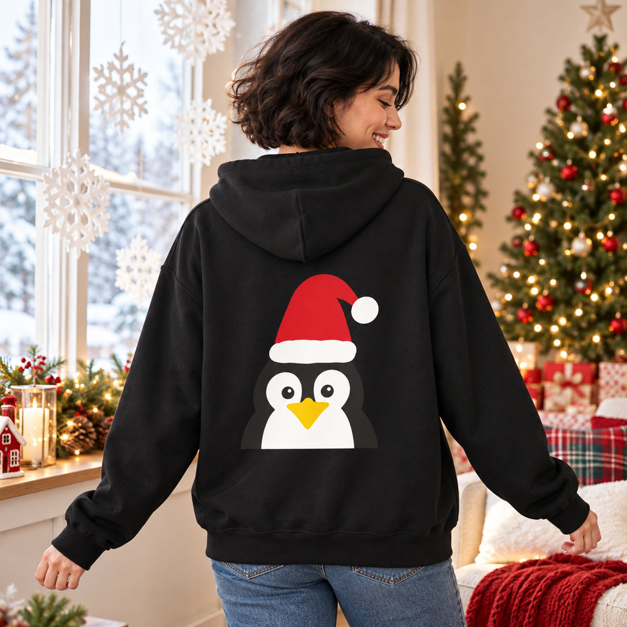 Santa Penguin Christmas back print hoodie in Black, worn in a Christmas home setting with the Santa penguin back print visible.