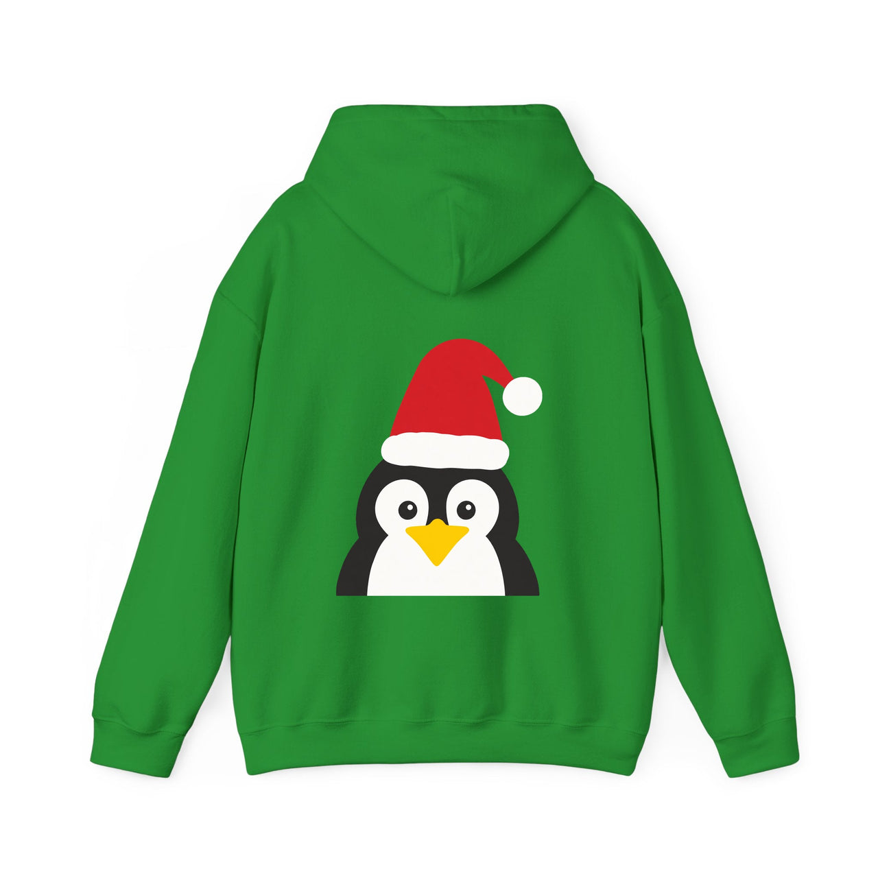 Santa penguin Christmas back print hoodie in Irish Green, back view with the Santa animal illustration.