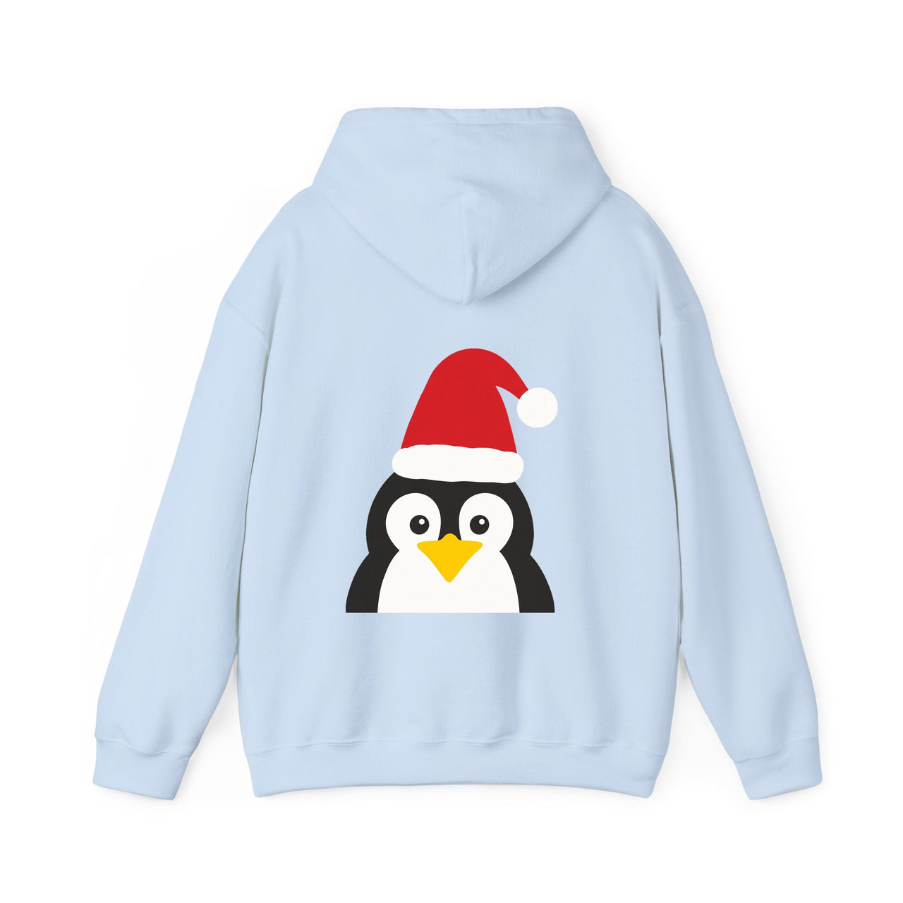 Santa penguin Christmas back print hoodie in Light Blue, back view with the Santa animal illustration.