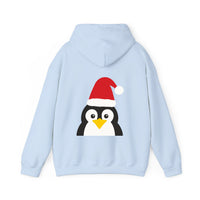 Thumbnail for Santa penguin Christmas back print hoodie in Light Blue, back view with the Santa animal illustration.